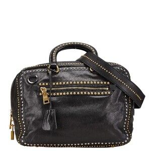 Prada triangular logo plaque studded handbag shoulder bag black leather